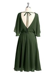 Scoop Neck Flutter Sleeves Short Chiffon Dresses-Olive Green