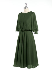 Scoop Neck Flutter Sleeves Short Chiffon Dresses-Olive Green