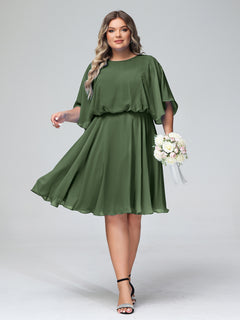 Scoop Neck Flutter Sleeves Short Chiffon Dresses-Olive Green Plus Size