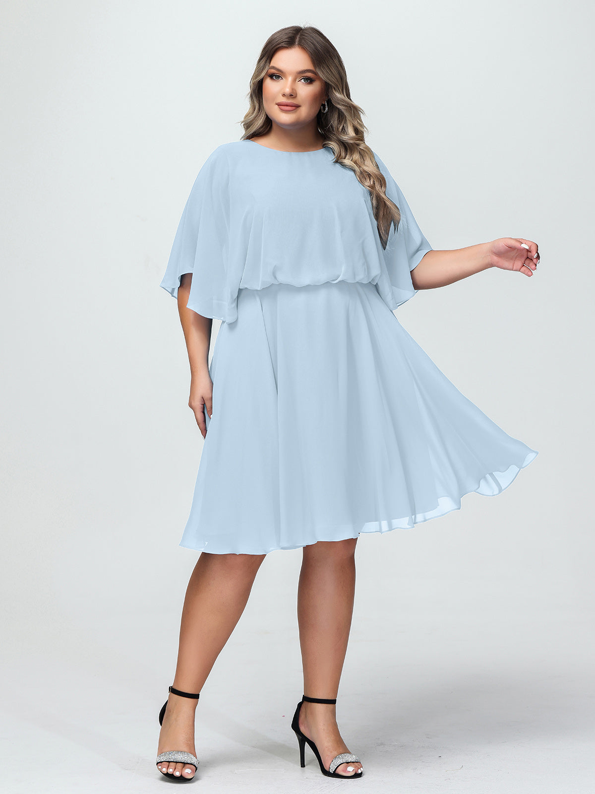 Halter V-neck Short Lace Dresses Sky Blue Plus Size