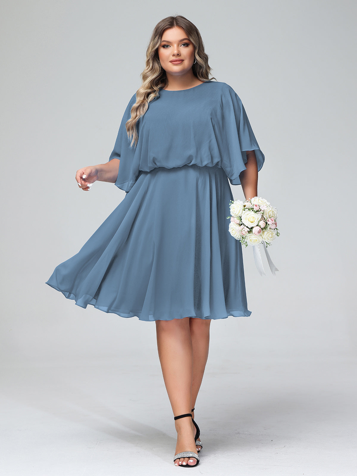Slate Blue Plus Size Chiffon Bridesmaid Dress Scoop Neck Flutter Sleeve Short Gown | BABARONI