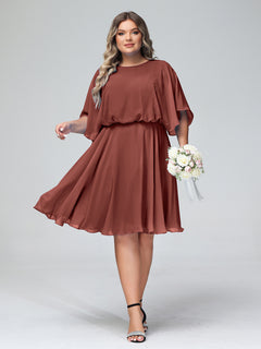 Scoop Neck Flutter Sleeves Short Chiffon Dresses-Terracotta Plus Size