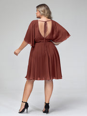Scoop Neck Flutter Sleeves Short Chiffon Dresses-Terracotta Plus Size
