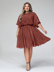 Scoop Neck Flutter Sleeves Short Chiffon Dresses-Terracotta Plus Size