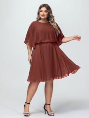 Scoop Neck Flutter Sleeves Short Chiffon Dresses-Terracotta Plus Size