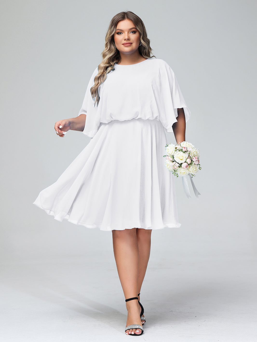 selena ivory satin ruffle strapless dress BABARONI Plus Size Little White Dress-White Scoop Neck Flutter Sleeves Short Chiffon Gown
