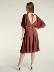 Scoop Neck Flutter Sleeves Short Chiffon Dresses-Terracotta