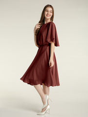 Scoop Neck Flutter Sleeves Short Chiffon Dresses-Terracotta