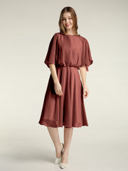 Scoop Neck Flutter Sleeves Short Chiffon Dresses-Terracotta