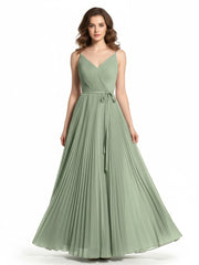 V-neck Full Pleated Skirt Dresses with Bow Sash-Dusty Sage