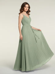 V-neck Full Pleated Skirt Dresses with Bow Sash-Dusty Sage
