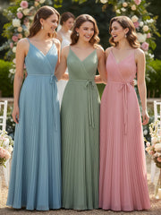 V-neck Full Pleated Skirt Dresses with Bow Sash-Dusty Sage