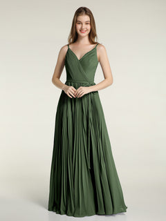 V-neck Full Pleated Skirt Dresses with Bow Sash-Olive Green