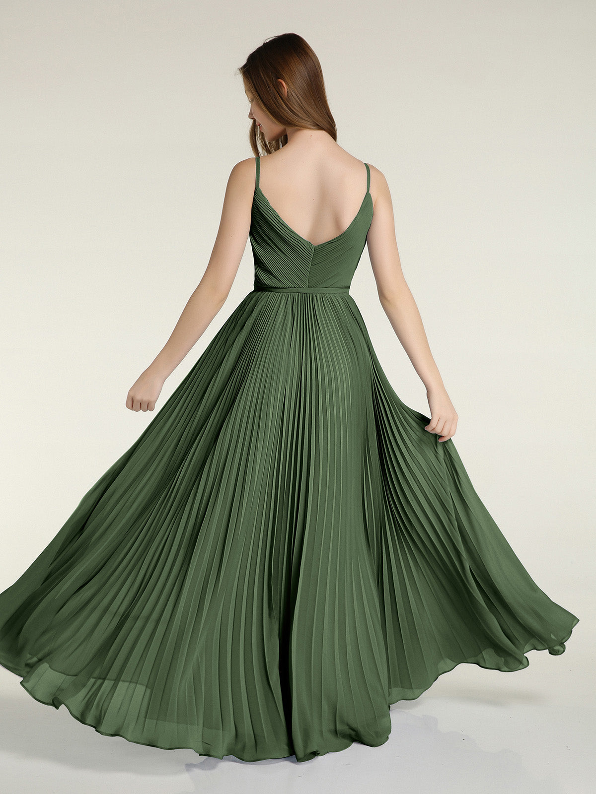 Pleated V-neck 3/4 Sleeves Ruffle A-Line Dress With Slit Olive Green