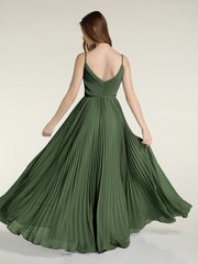 V-neck Full Pleated Skirt Dresses with Bow Sash-Olive Green
