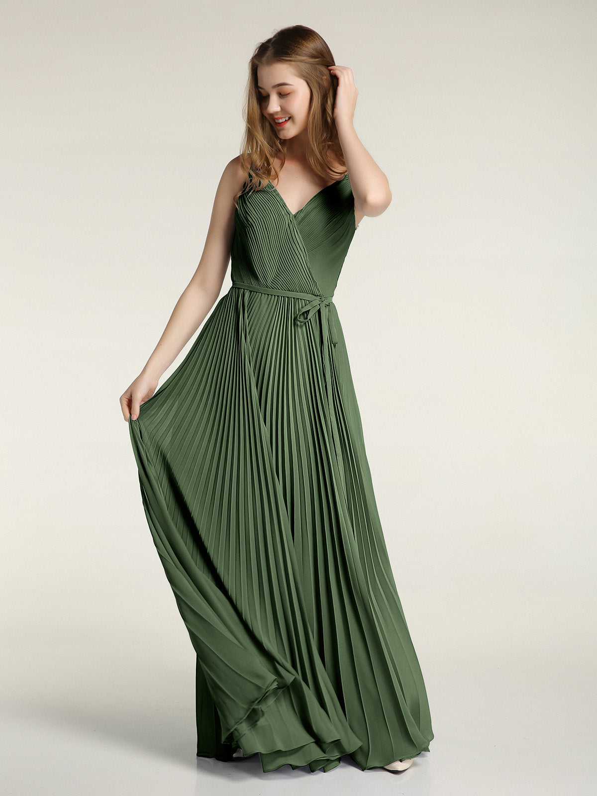 Pleated V-neck A-Line Chiffon Dress With Slit Olive Green main image 1