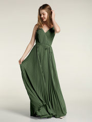 V-neck Full Pleated Skirt Dresses with Bow Sash-Olive Green