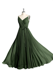 V-neck Full Pleated Skirt Dresses with Bow Sash-Olive Green
