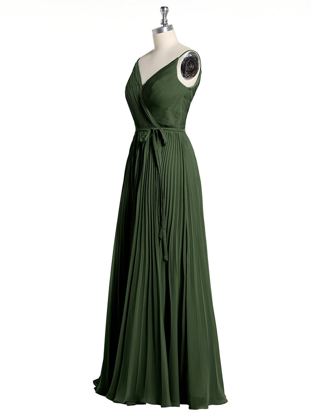 V-neck Pleated Flutter Sleeves Sheath Long Dress Olive Green