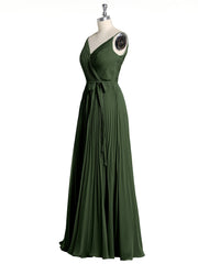 V-neck Full Pleated Skirt Dresses with Bow Sash-Olive Green