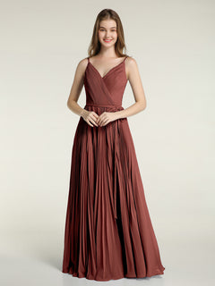 V-neck Full Pleated Skirt Dresses with Bow Sash-Terracotta