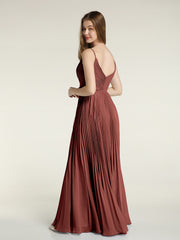 V-neck Full Pleated Skirt Dresses with Bow Sash-Terracotta