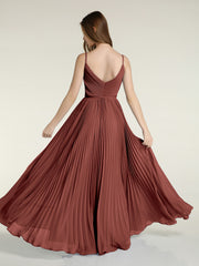 V-neck Full Pleated Skirt Dresses with Bow Sash-Terracotta