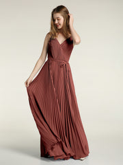 V-neck Full Pleated Skirt Dresses with Bow Sash-Terracotta