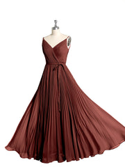 V-neck Full Pleated Skirt Dresses with Bow Sash-Terracotta