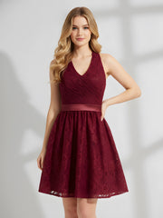 Halter V-neck Lace Dress with Satin Sash-Burgundy