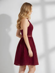 Halter V-neck Lace Dress with Satin Sash-Burgundy