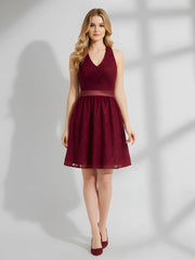 Halter V-neck Lace Dress with Satin Sash-Burgundy