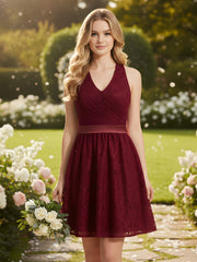 Halter V-neck Lace Dress with Satin Sash-Burgundy