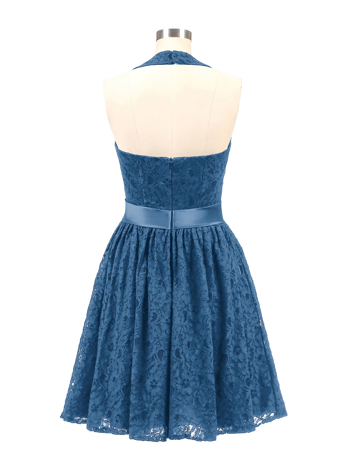 BABARONI Halter V-Neck Lace Dress with Satin Sash-Ink Blue Plus size, Ink Blue / US18
