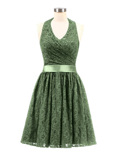 Halter V-neck Lace Dress with Satin Sash-Olive Green