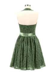 Halter V-neck Lace Dress with Satin Sash-Olive Green