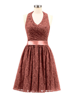 Halter V-neck Lace Dress with Satin Sash-Terracotta