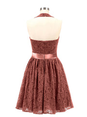 Halter V-neck Lace Dress with Satin Sash-Terracotta