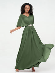 Illusion Sweetheart Neck Chiffon Max Dresses-Olive Green