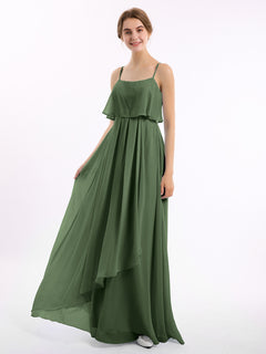 Spaghetti Strap Chiffon Dress with Cascade Skirt-Olive Green