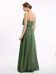 Spaghetti Strap Chiffon Dress with Cascade Skirt-Olive Green