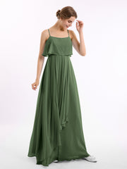 Spaghetti Strap Chiffon Dress with Cascade Skirt-Olive Green