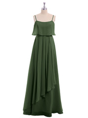 Spaghetti Strap Chiffon Dress with Cascade Skirt-Olive Green