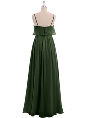 Spaghetti Strap Chiffon Dress with Cascade Skirt-Olive Green