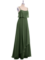 Spaghetti Strap Chiffon Dress with Cascade Skirt-Olive Green