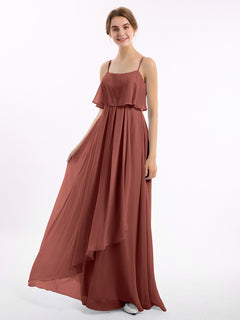 Spaghetti Strap Chiffon Dress with Cascade Skirt-Terracotta