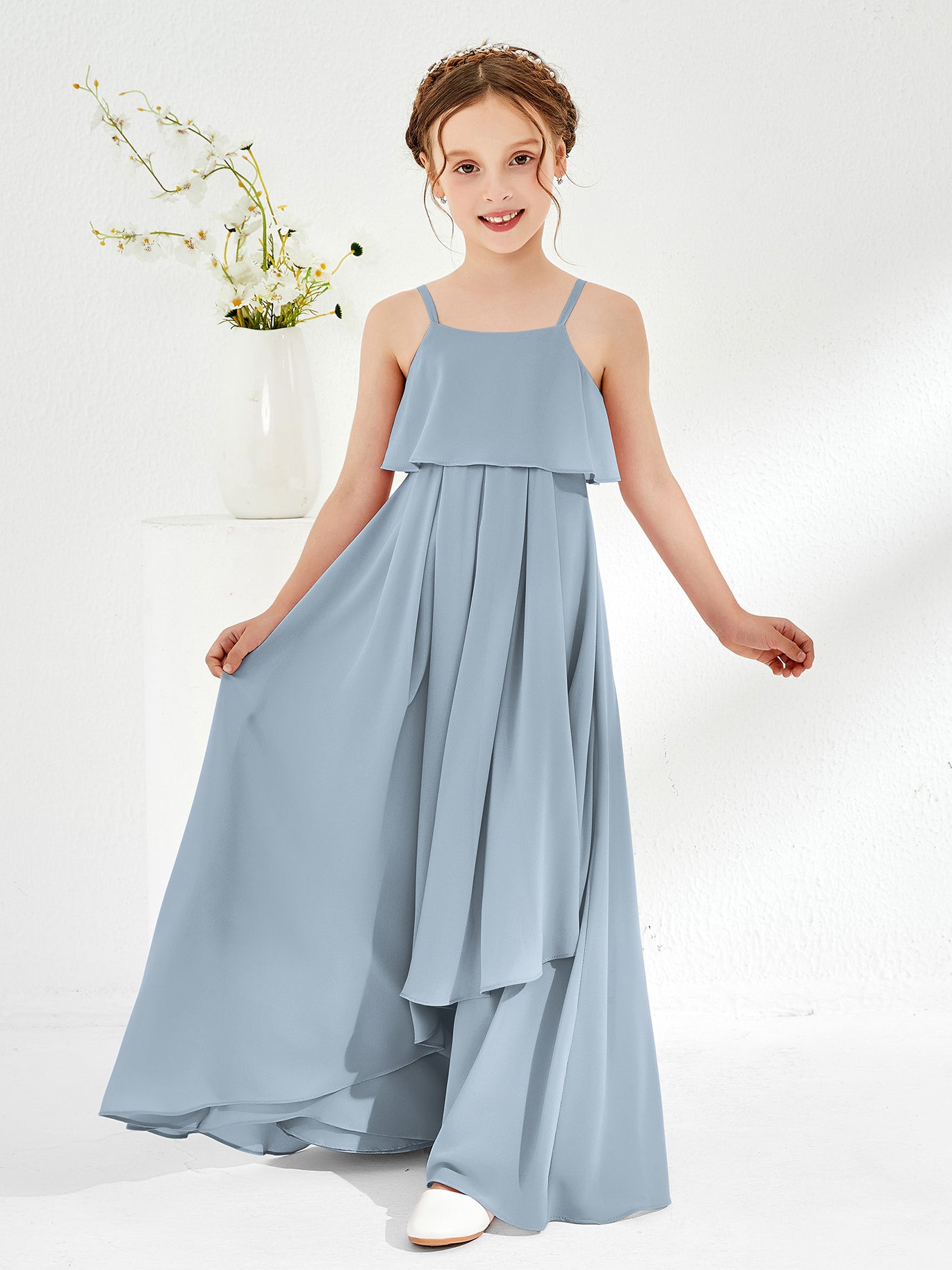 junior bridesmaid dresses dusty blue Dideyttawl Cape Sleeves Chiffon Flower Girls Dress Junior Bridesmaid Dress for Girls 4-16 Special Occasion Dress for Wedding, Dusty Blue / 6 main image 0