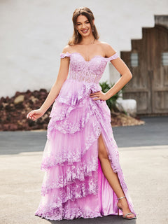 Off The Shoulder Tiered Prom Dress with Slit Lilac