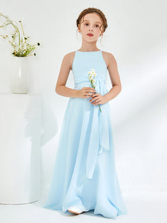 Bateau Neckline Junior Bridesmaid Dresses with Sash Sky Blue