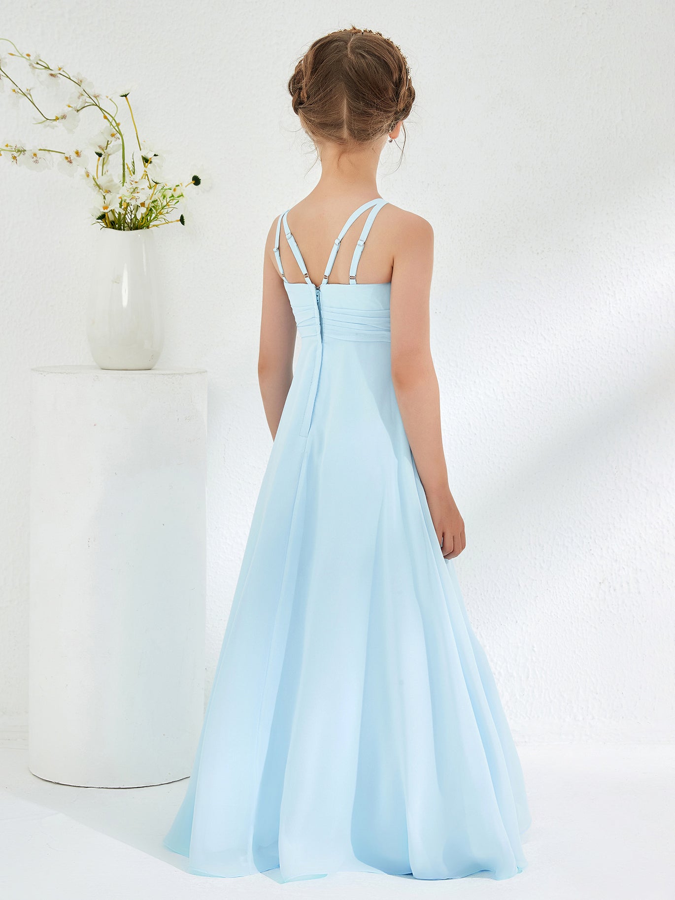 light blue junior dress Wedtrend Light Blue A-Line V Neck Floor-Length Chiffon Junior Bridesmaid  Dress Wedding Party Dress – WEDTREND main image 0
